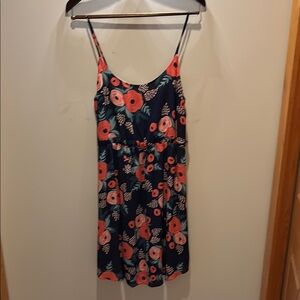 Navy Floral Spaghetti Strap Dress with Coral Blooms